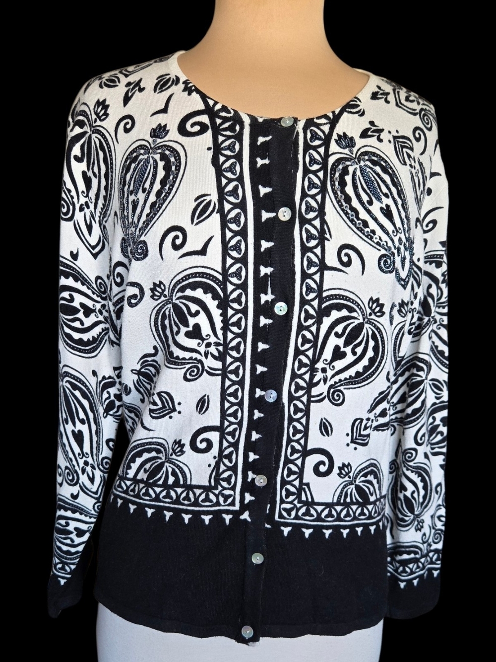 Pierre White and Black Paisley Knit Cardigan With Beading Sz 1x